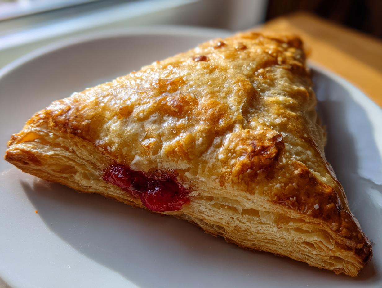 Close-up of a golden, flaky pastry cherry turnovers resting on a white plate, showing visible cherry filling.