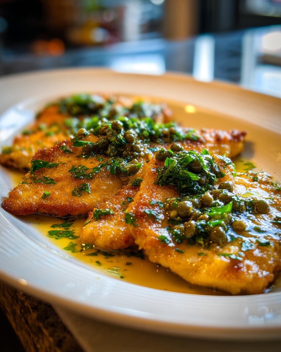 Close-up of three golden, pan-fried chicken piccata cutlets covered in a bright lemon butter sauce and topped with capers and fresh parsley.