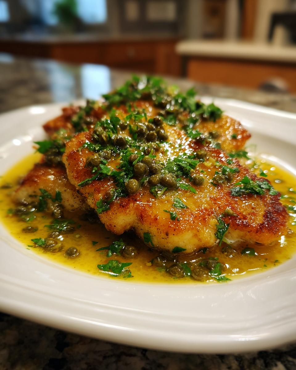 Two golden-brown pieces of Chicken Piccata covered in a bright lemon sauce, capers, and fresh parsley.
