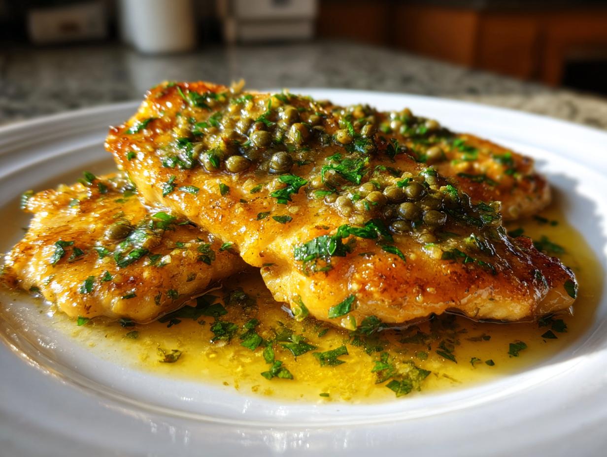 Close-up of two golden-brown Chicken Piccata fillets smothered in a bright lemon-butter sauce and topped with capers and fresh parsley.