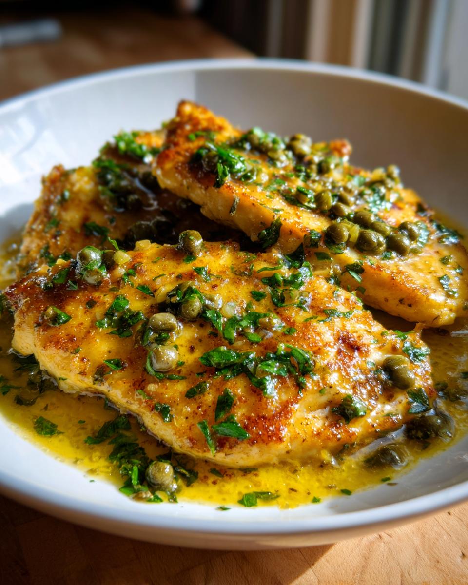 Close-up of golden pan-seared Chicken Piccata breasts covered in a bright lemon butter sauce with capers and fresh parsley.
