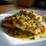 Close-up of three golden-brown pieces of Chicken Piccata drizzled with lemon butter sauce and topped with capers and parsley.