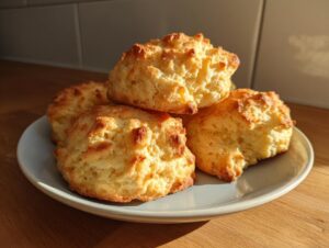 Four golden brown drop buttermilk biscuits stacked loosely on a light blue plate, illuminated by sunlight.