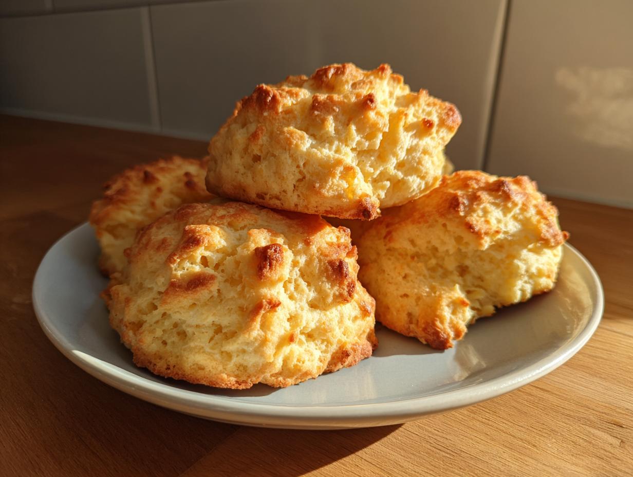 Four golden brown drop buttermilk biscuits stacked loosely on a light blue plate, illuminated by sunlight.