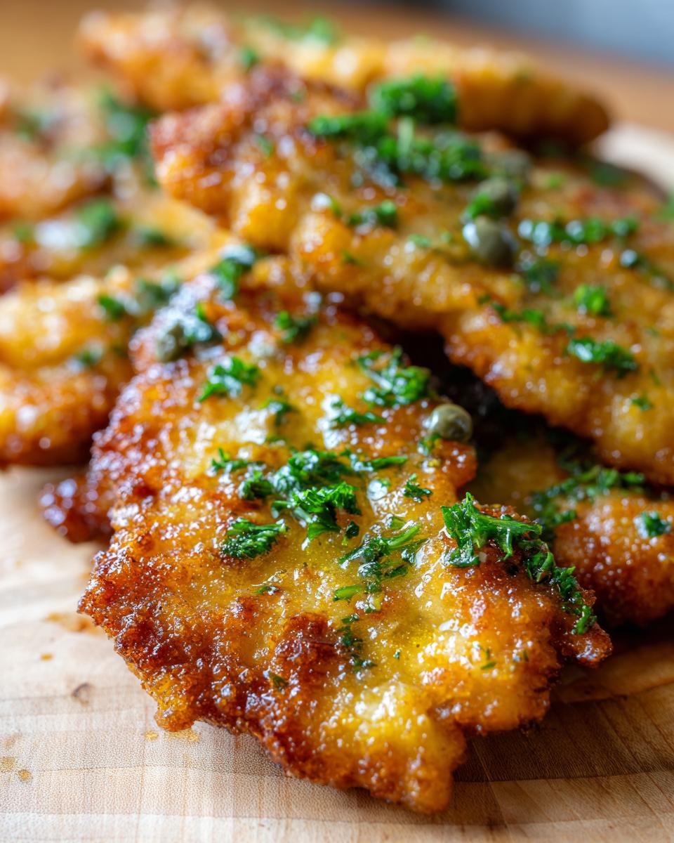 Close-up of golden brown, pan-fried fillets ready for Easy chicken piccata, topped with fresh parsley and capers.