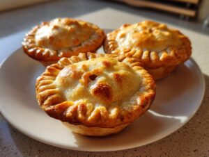 Three golden-brown, freshly baked mini apple pies with crimped edges resting on a white plate.