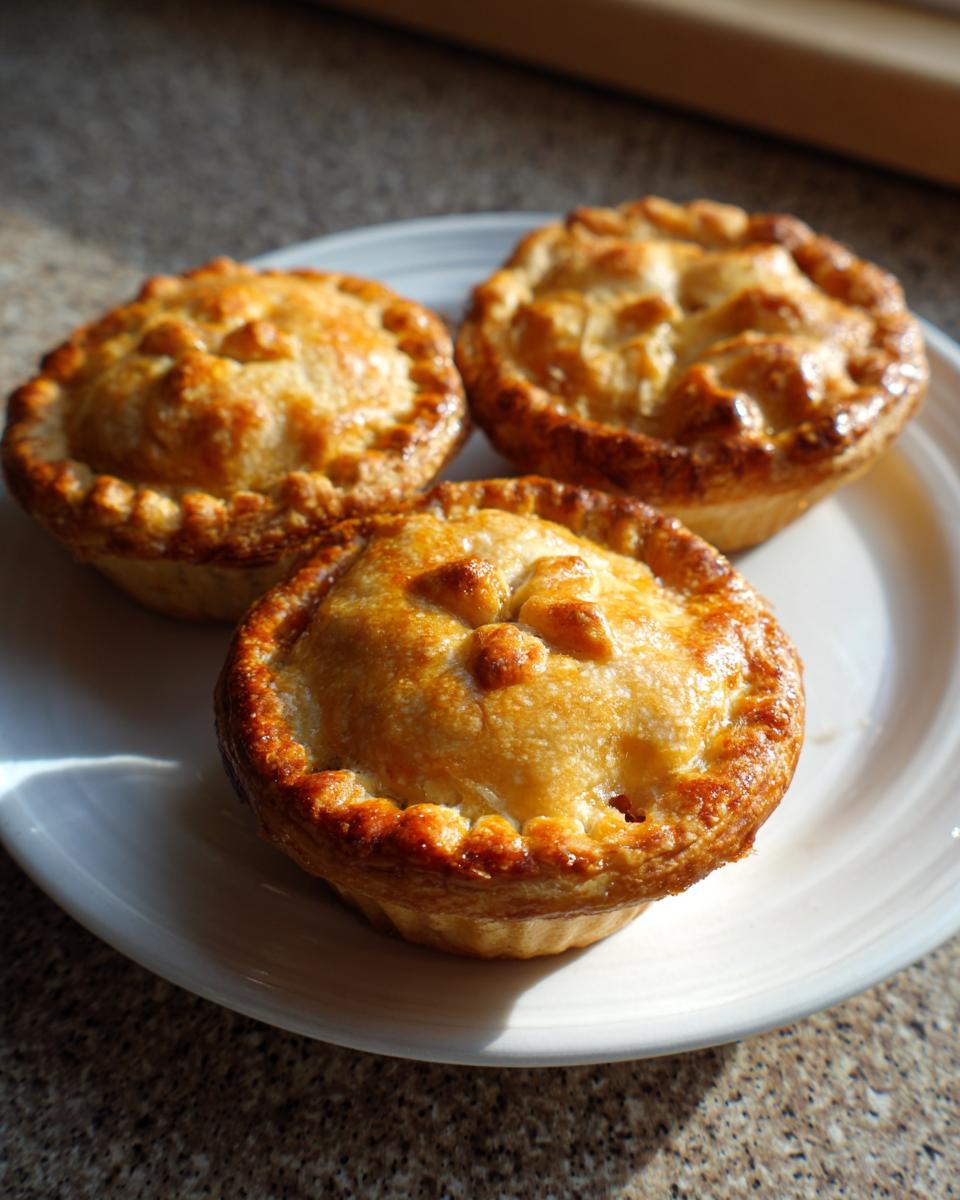 Three perfectly baked, golden brown mini apple pies sitting on a white plate, catching the sunlight.