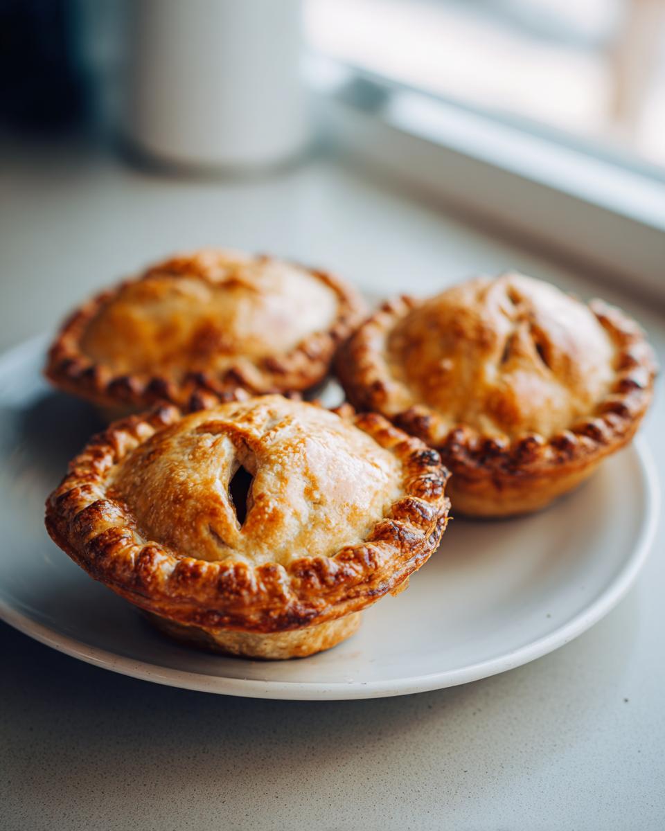 Three golden brown, freshly baked mini apple pies with crimped edges sitting on a light plate.