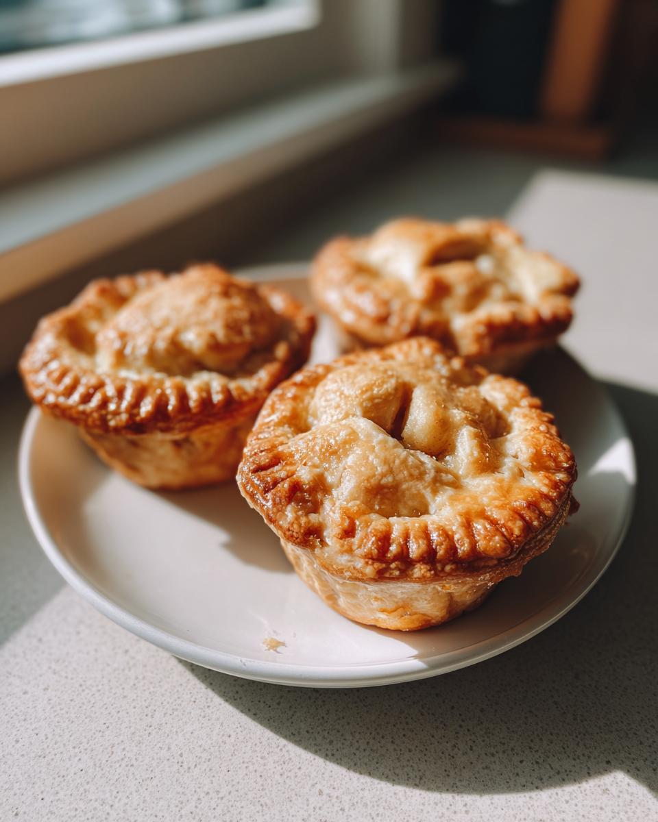 Three freshly baked, golden brown mini apple pies sitting on a white plate in bright sunlight.