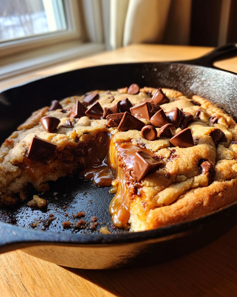 A warm Chocolate chip skillet cookie with a scoop removed, showing melted chocolate and oozing caramel sauce.