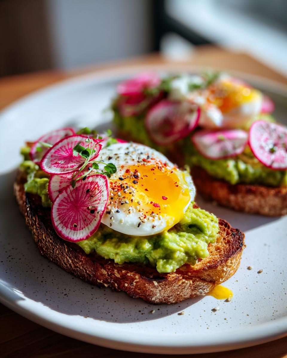 Close-up of gourmet avocado toast topped with mashed avocado, a sunny-side-up egg, and vibrant pink radish slices.