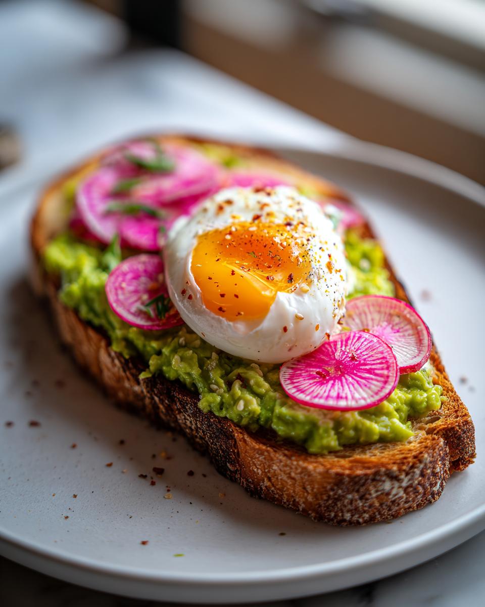 A luxurious slice of avocado toast topped with smashed avocado, bright pink radish slices, and a perfectly poached egg.