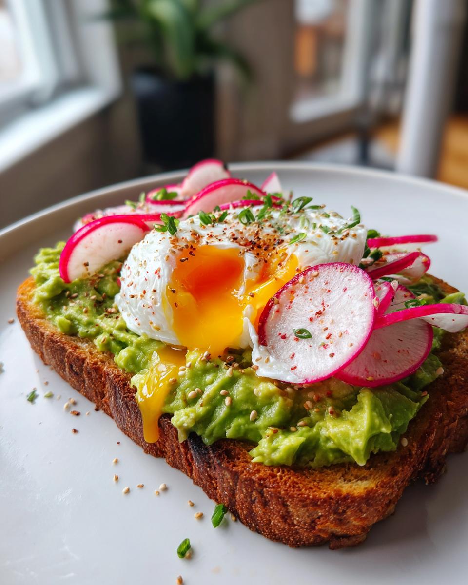 Close-up of gourmet avocado toast topped with a runny poached egg, sliced radishes, and seasoning.