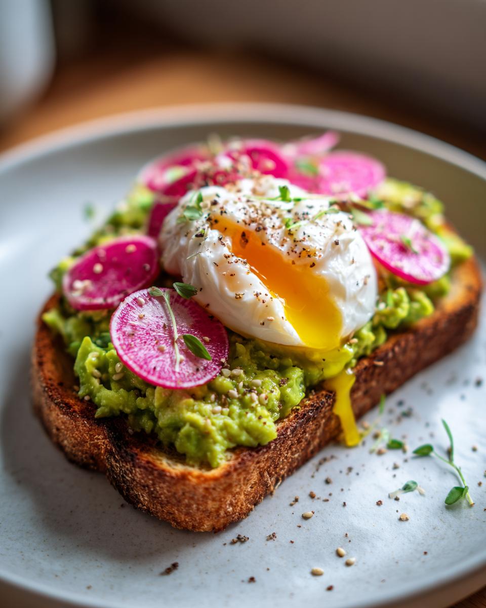 Close-up of gourmet avocado toast topped with mashed avocado, a perfectly poached egg with runny yolk, and vibrant pink radish slices.
