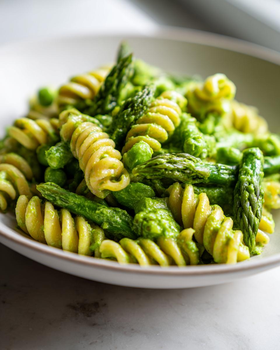 Close-up of Green goddess pasta salad featuring fusilli pasta, bright green asparagus spears, and peas coated in a creamy green sauce.