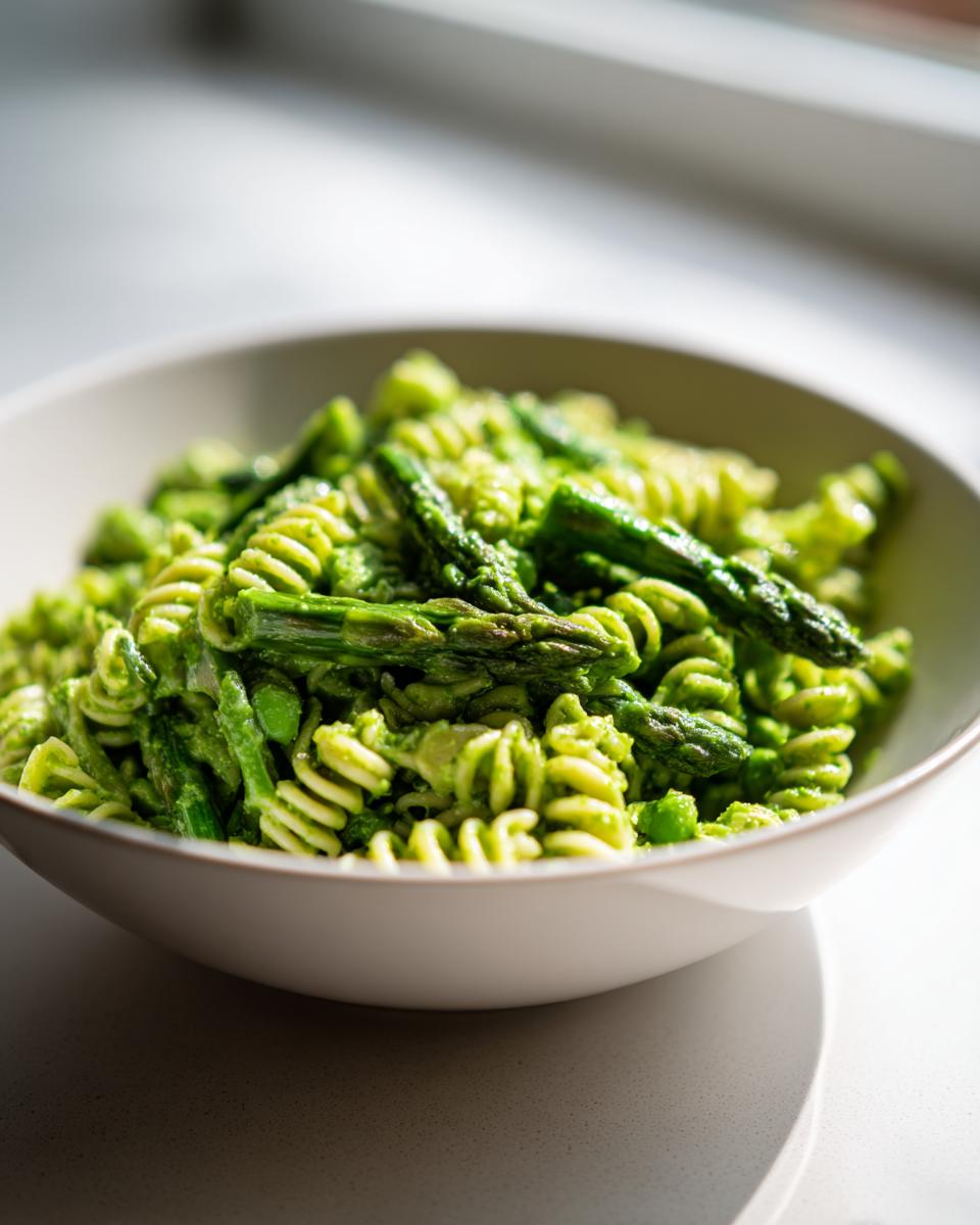 Close-up of a bowl of Green goddess pasta salad featuring fusilli pasta coated in bright green sauce and topped with roasted asparagus spears.