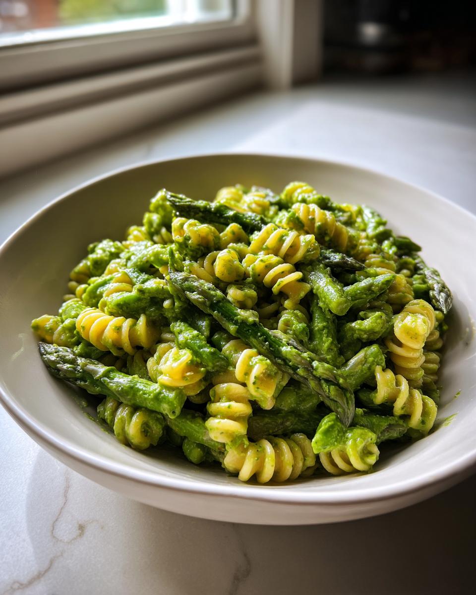 A bowl of Green goddess pasta salad featuring fusilli pasta, bright green sauce, and whole asparagus spears.