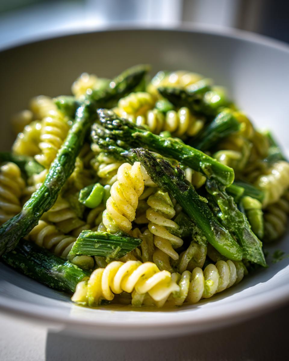 A close-up shot of Green goddess pasta salad featuring fusilli pasta tossed in a vibrant green sauce and topped with bright green asparagus spears.