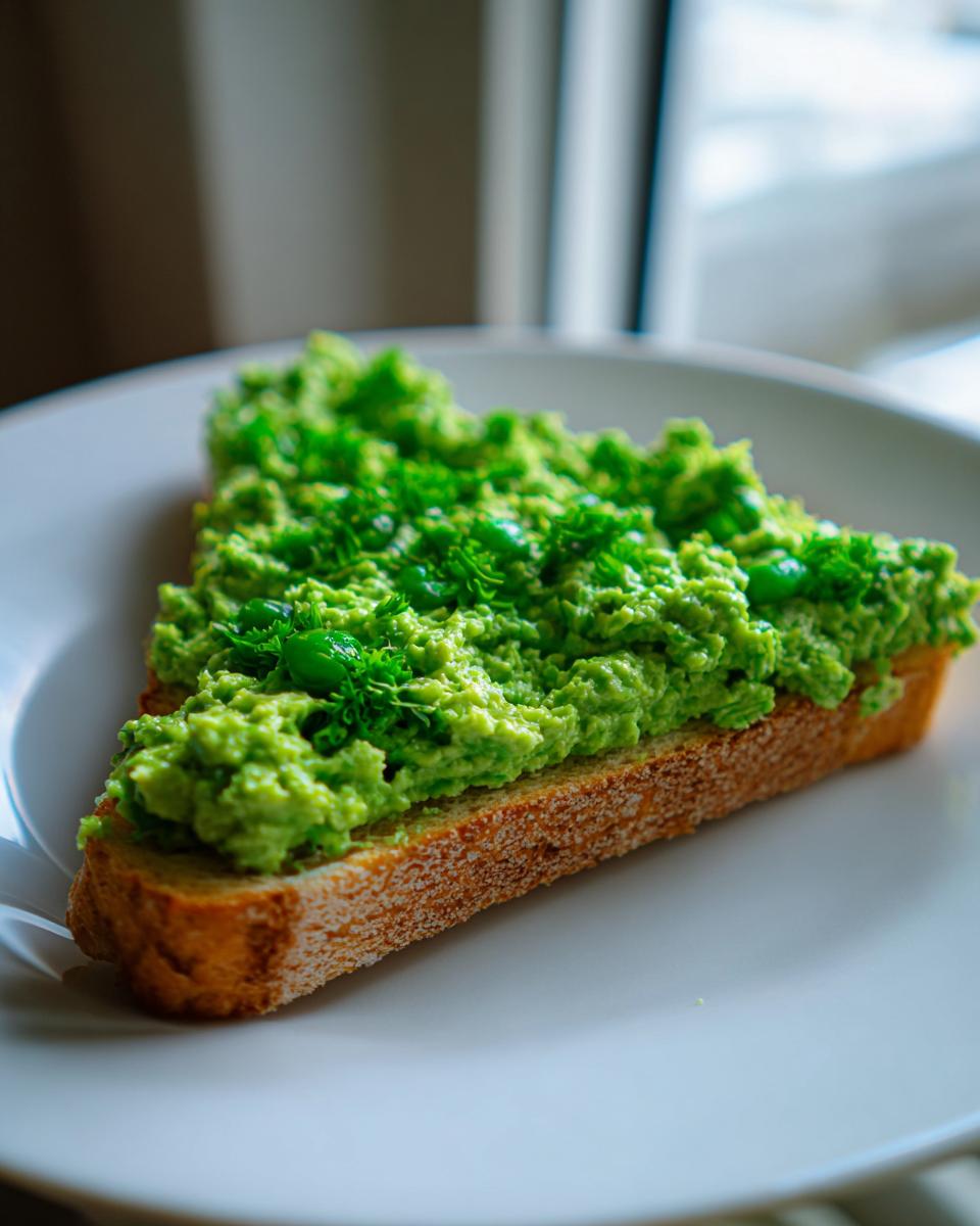 A slice of toasted bread topped with a vibrant green spread, resembling a variation of the Benedictine sandwich.