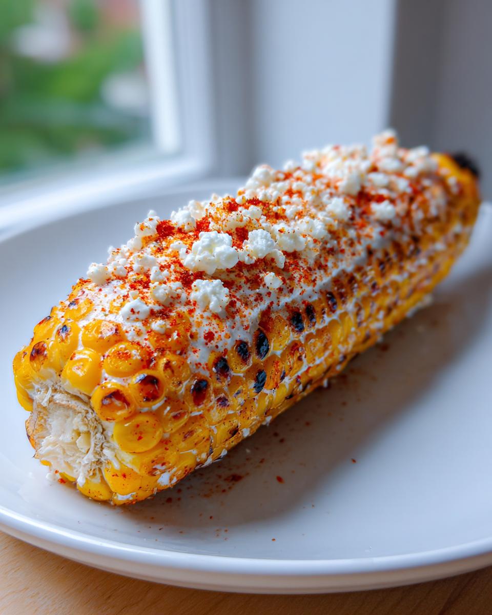 Close-up of a grilled ear of Elote corn covered in crema, crumbled cheese, and chili powder on a white plate.