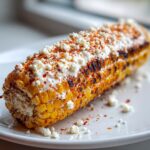 Close-up of a grilled ear of Elote street corn covered in creamy sauce, cotija cheese, and chili powder.