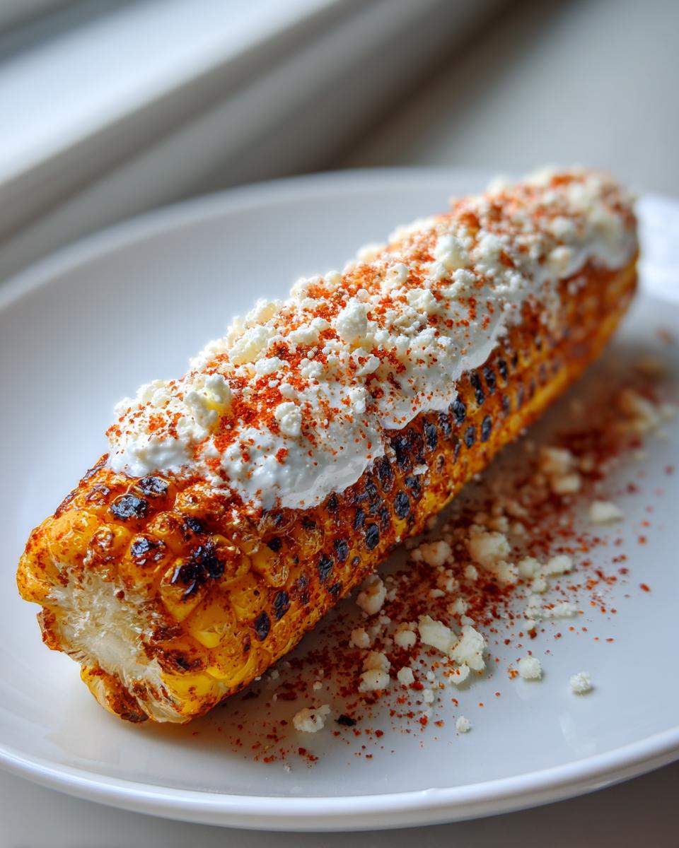 Close-up of a grilled ear of Elote street corn topped with crema, cotija cheese, and chili powder on a white plate.