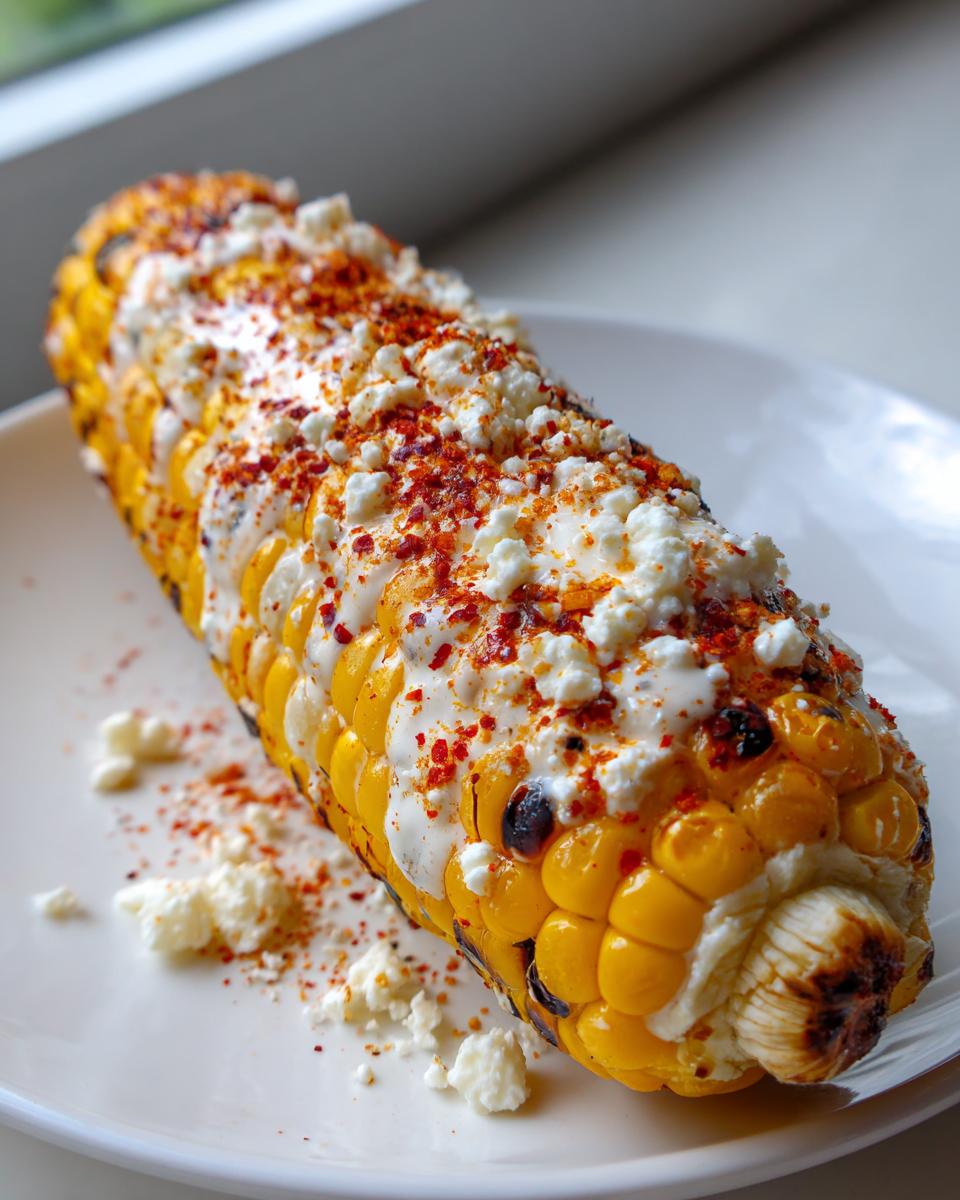Close-up of a grilled Elote street corn cob covered in white crema, crumbled cheese, and red chili powder on a white plate.