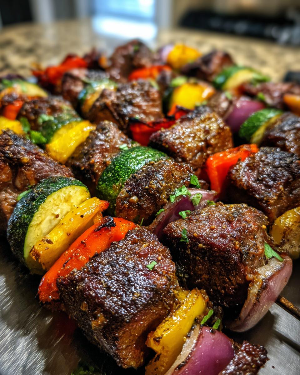 Close-up of several rows of juicy, dark-seasoned grilled lamb kabobs interspersed with colorful grilled vegetables like zucchini, peppers, and red onion.