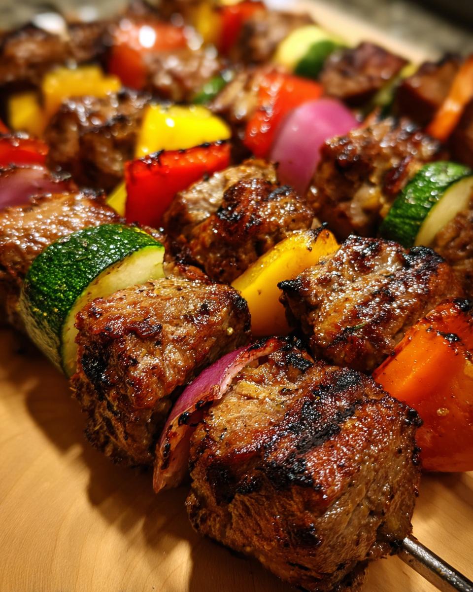 Close-up of perfectly grilled lamb kabobs featuring charred lamb cubes, zucchini, bell peppers, and red onion on metal skewers.