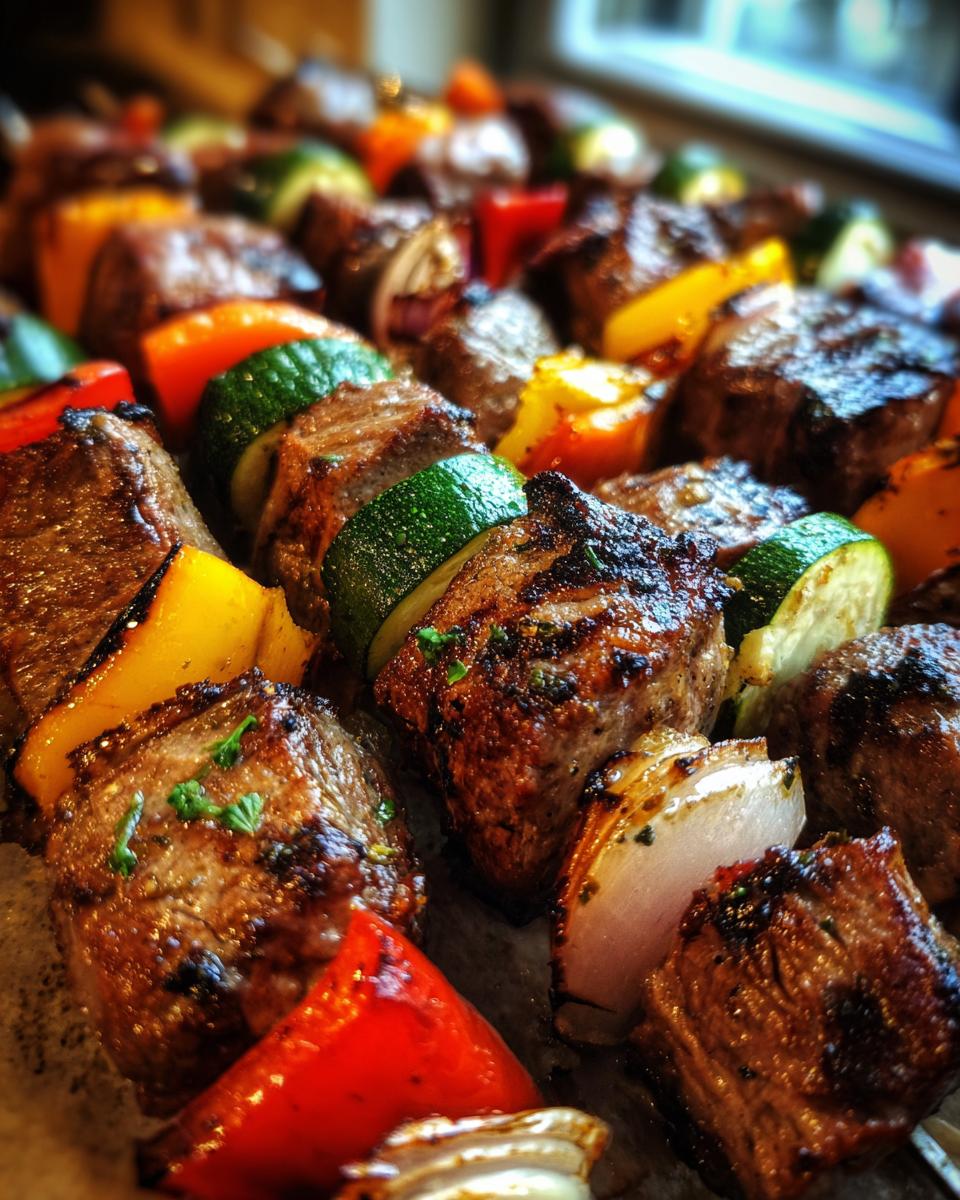 Close-up, macro shot of several perfectly grilled lamb kabobs featuring charred lamb chunks, zucchini, bell peppers, and onions.