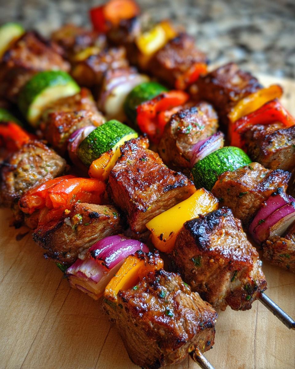 Close-up photo of several perfectly grilled lamb kabobs featuring charred lamb chunks, zucchini, red onion, and bell peppers.