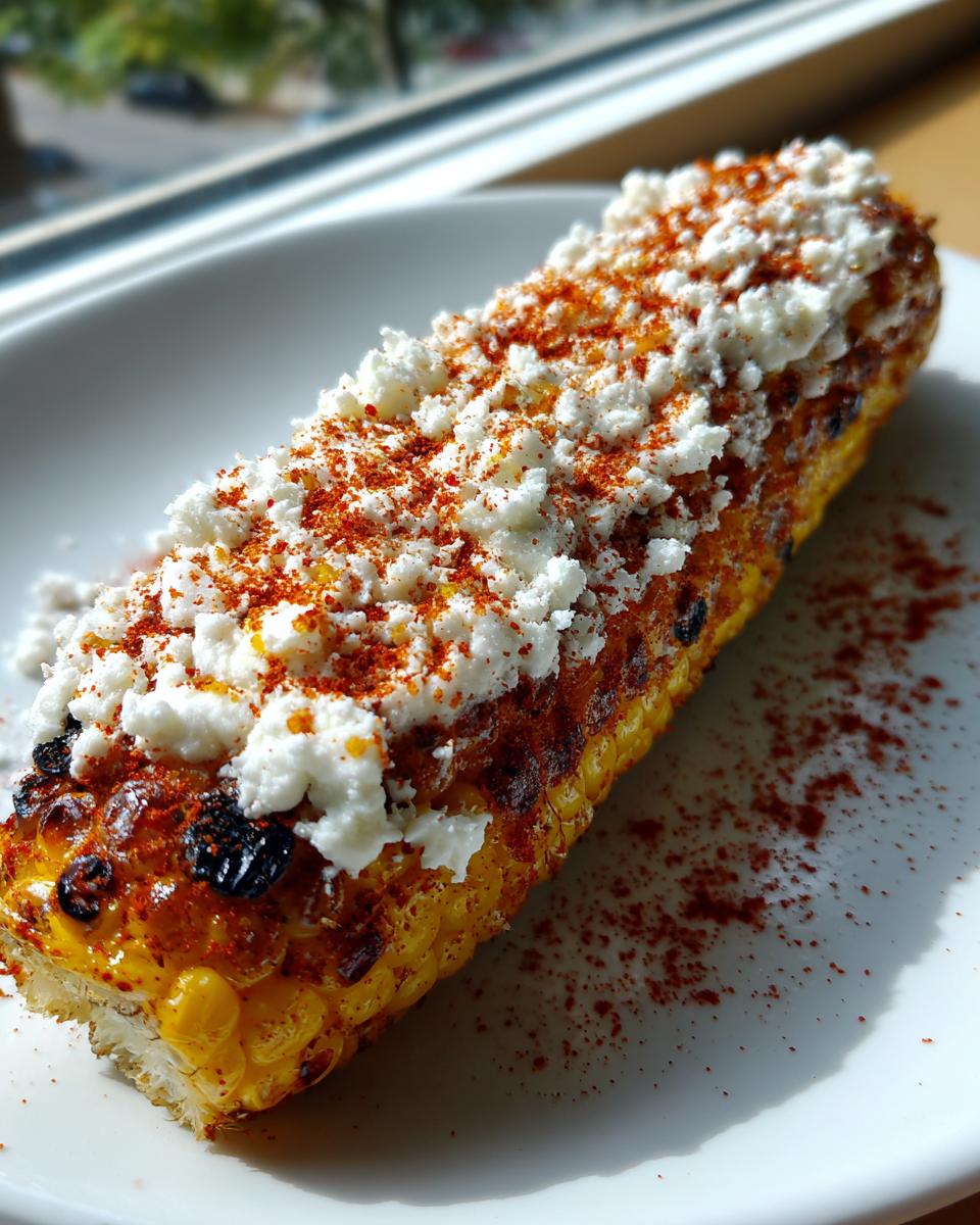 A close-up of perfectly charred Grilled Mexican street corn topped generously with crumbled white cheese and chili powder.