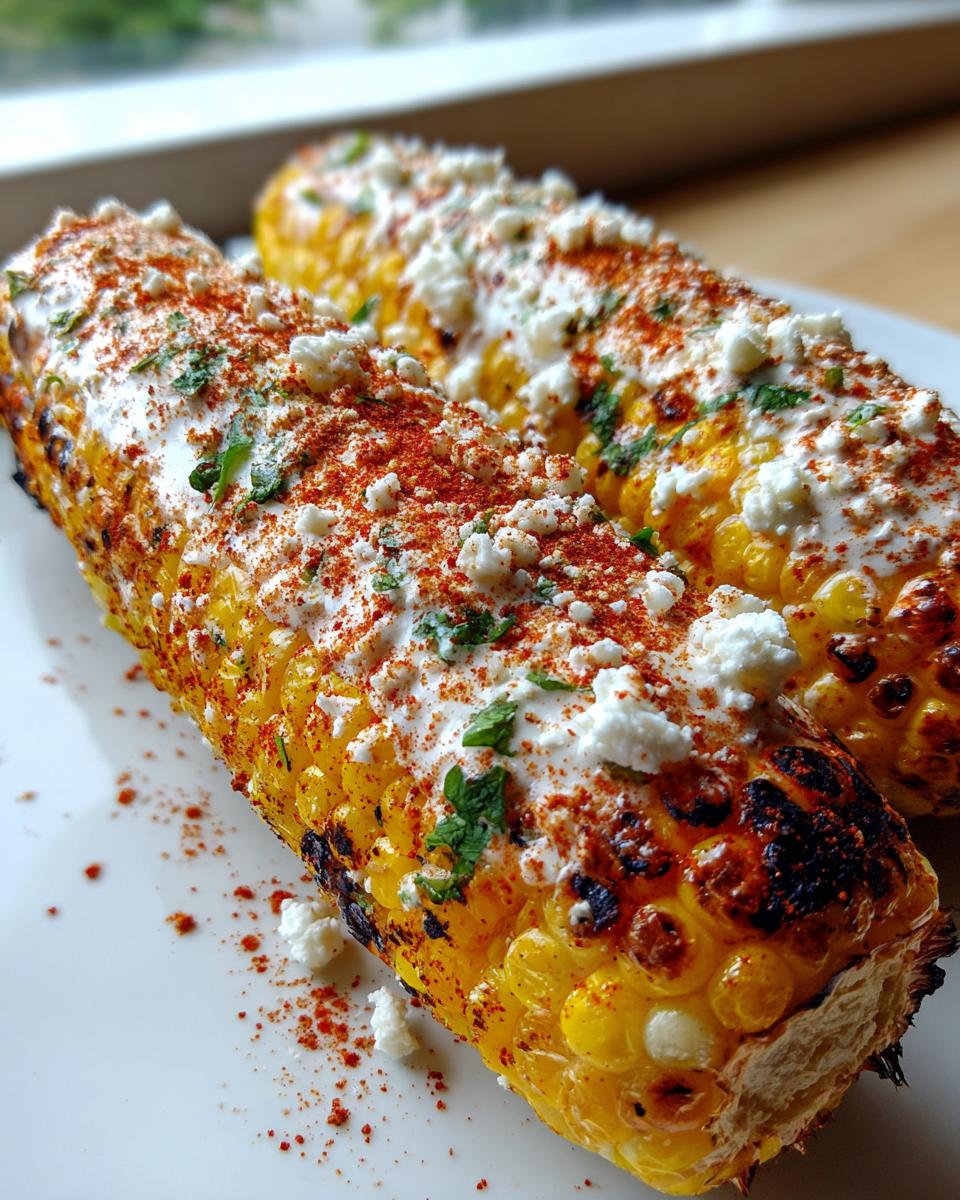 Two ears of perfectly grilled Mexican street corn slathered in crema, cotija cheese, and chili powder.