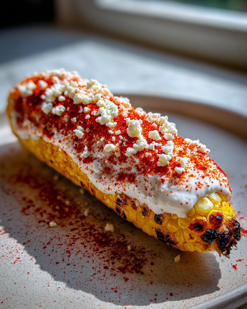 A single ear of Grilled Mexican Street Corn covered in white crema, crumbled cheese, and bright red chili powder.