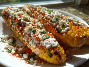 Two cobs of perfectly grilled Mexican street corn slathered in sauce, cotija cheese, and chili powder.