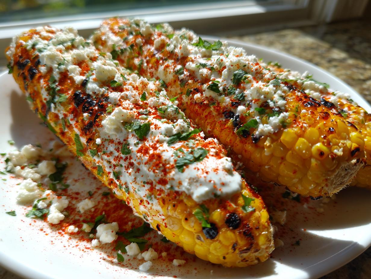 Two cobs of perfectly grilled Mexican street corn slathered in sauce, cotija cheese, and chili powder.