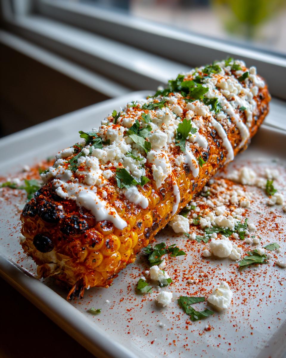 Close-up of a grilled Mexican street corn cob generously topped with white cheese, crema drizzle, and chili powder.