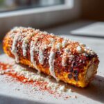 A close-up of perfectly grilled Mexican street corn covered in white sauce, cotija cheese, and chili powder.