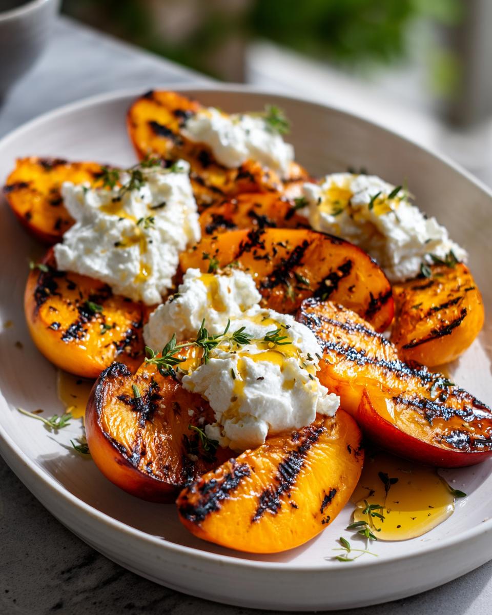 Close-up of grilled nectarines with burrata, honey drizzle, and thyme garnish, highlighting the grill marks.