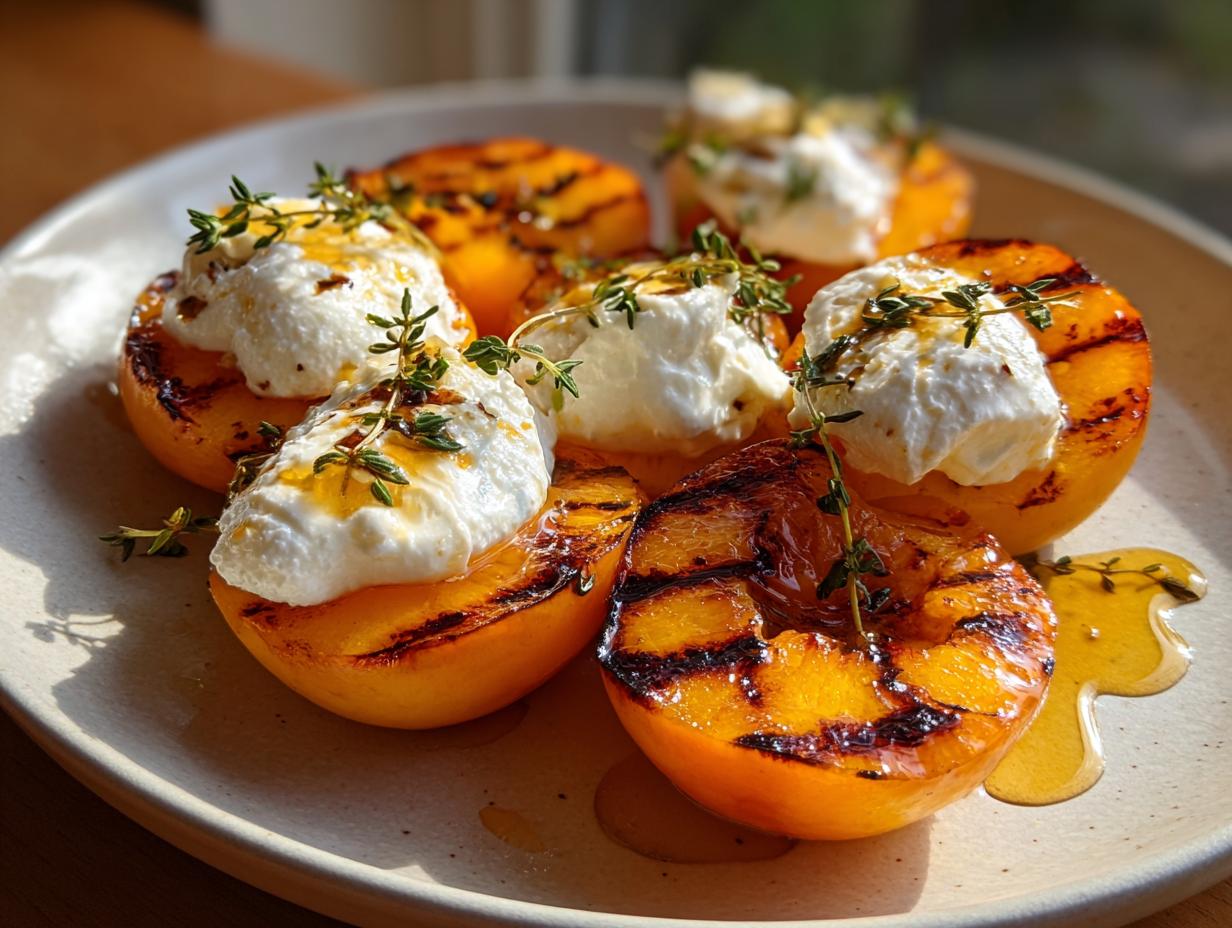 Close-up of grilled nectarines with burrata cheese, drizzled with honey and garnished with thyme.