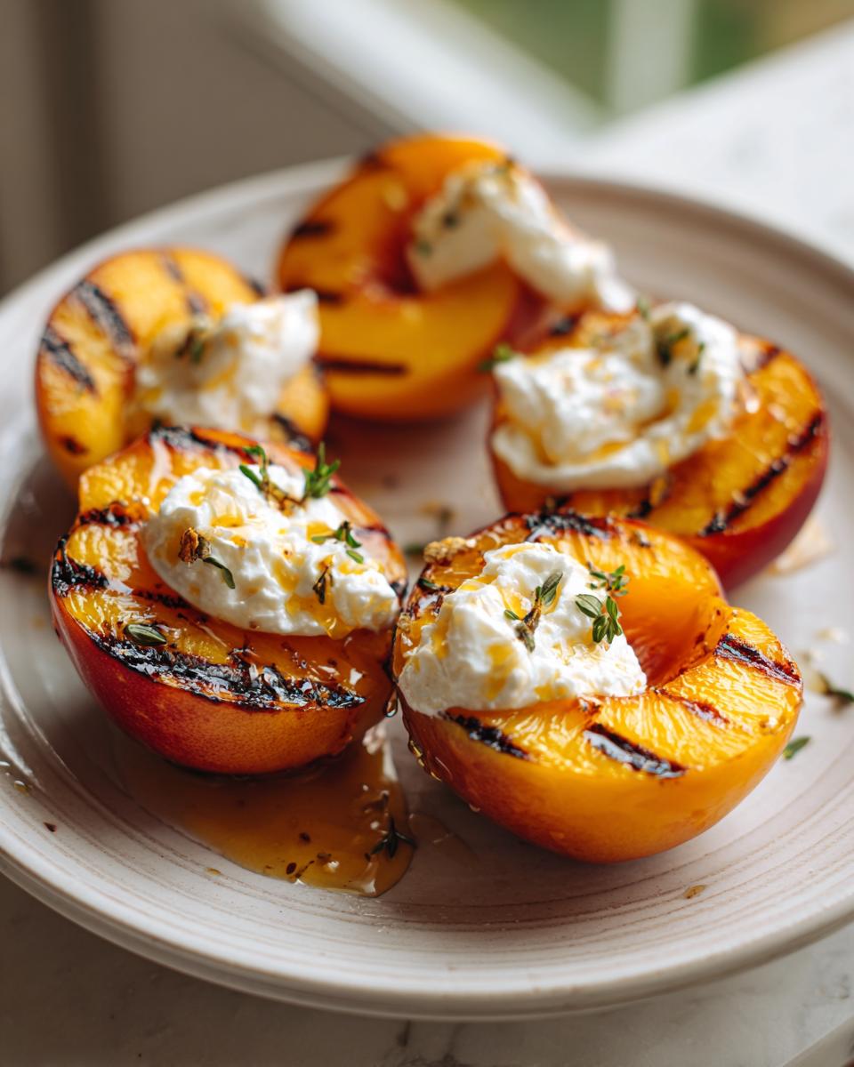 Four halves of grilled nectarines with burrata cheese, honey drizzle, and thyme on a plate.