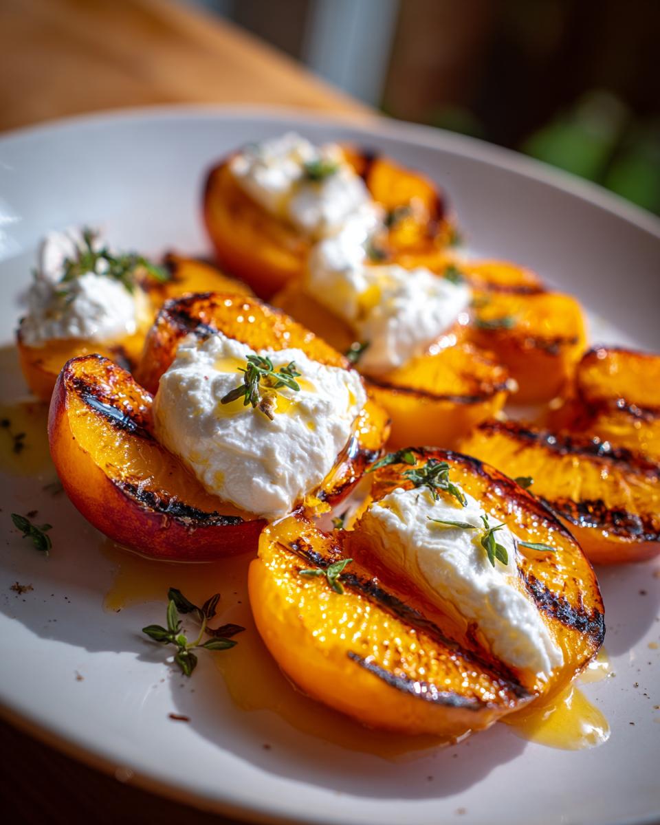 Close-up of grilled nectarines halves topped with creamy burrata cheese, drizzled with honey, and garnished with thyme.
