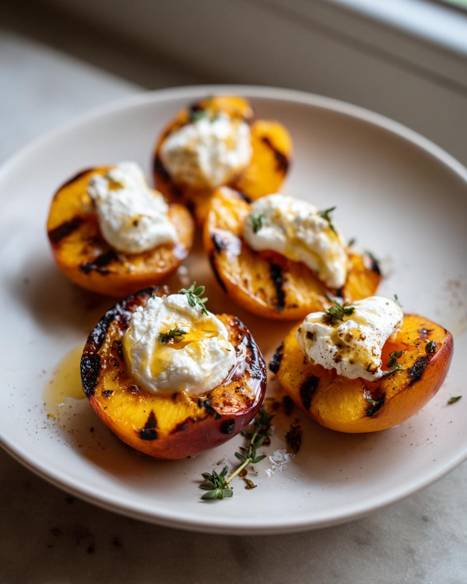Five halves of grilled nectarines with burrata, honey drizzle, and thyme on a white plate, showcasing the grilled nectarines with burrata and honey.