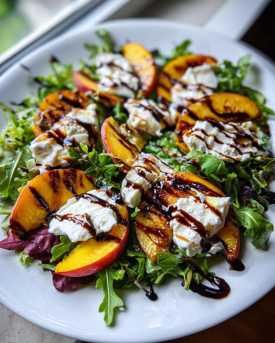 Close-up of a fresh Grilled peach burrata salad featuring grilled peach slices, creamy burrata, and arugula drizzled with balsamic glaze.