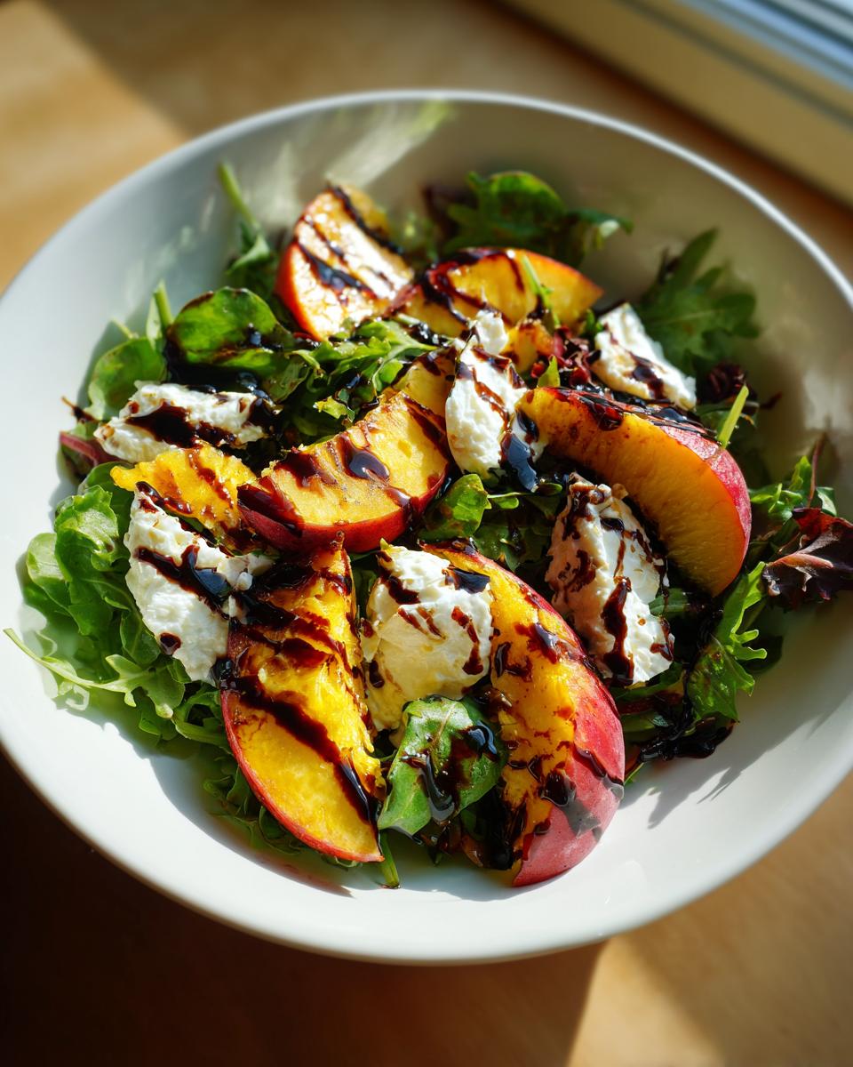 A vibrant bowl featuring a grilled peach burrata salad with fresh greens and a dark balsamic glaze drizzle.