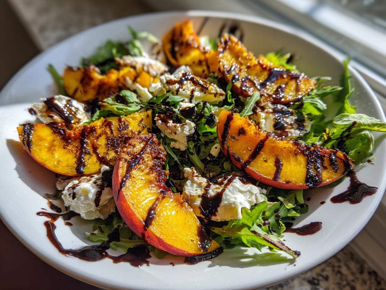 Close-up of a vibrant grilled peach burrata salad featuring charred peach slices, creamy white cheese, and dark balsamic drizzle over greens.
