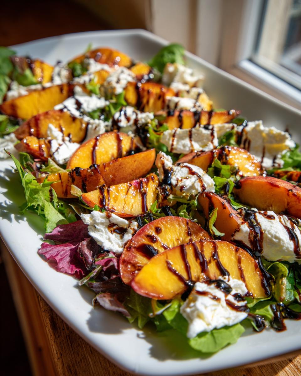 A vibrant grilled peach burrata salad featuring grilled peach slices, creamy burrata cheese, and mixed greens drizzled with balsamic glaze.