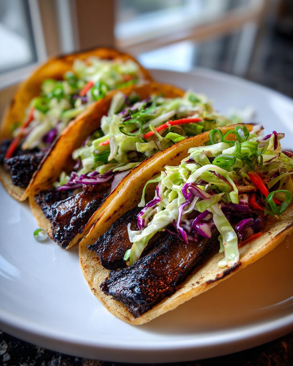 Close-up of three delicious grilled portobello tacos filled with dark, marinated mushroom strips and topped with vibrant coleslaw.