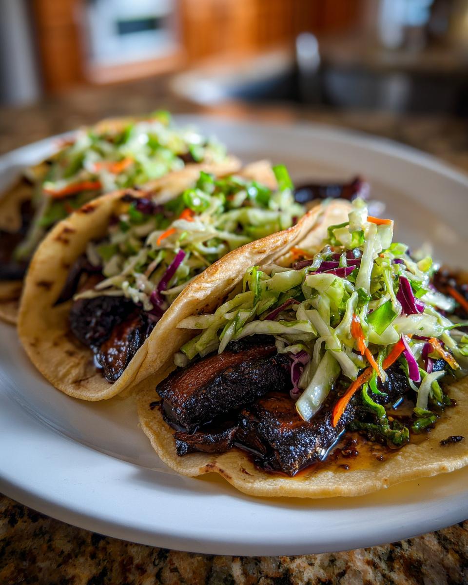 Three grilled portobello tacos filled with dark marinated mushroom pieces and topped with fresh, colorful coleslaw.