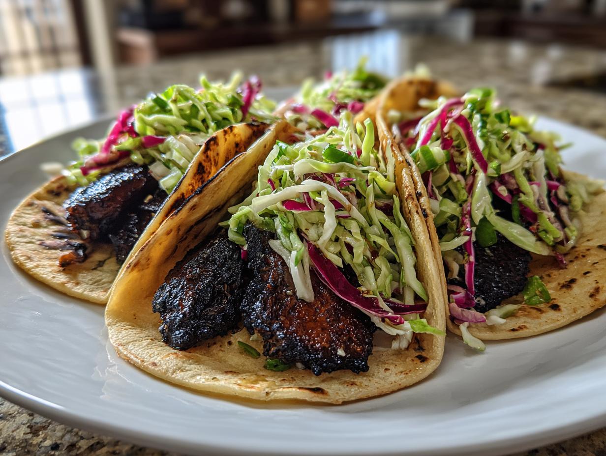 Three delicious Grilled Portobello Tacos filled with dark, marinated mushroom pieces and topped with fresh green and purple cabbage slaw.